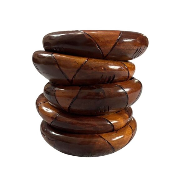 Set of 5 Hand Carved Wooden Salad Bowls Floral Pattern Decorative Rustic - Picture 2 of 10